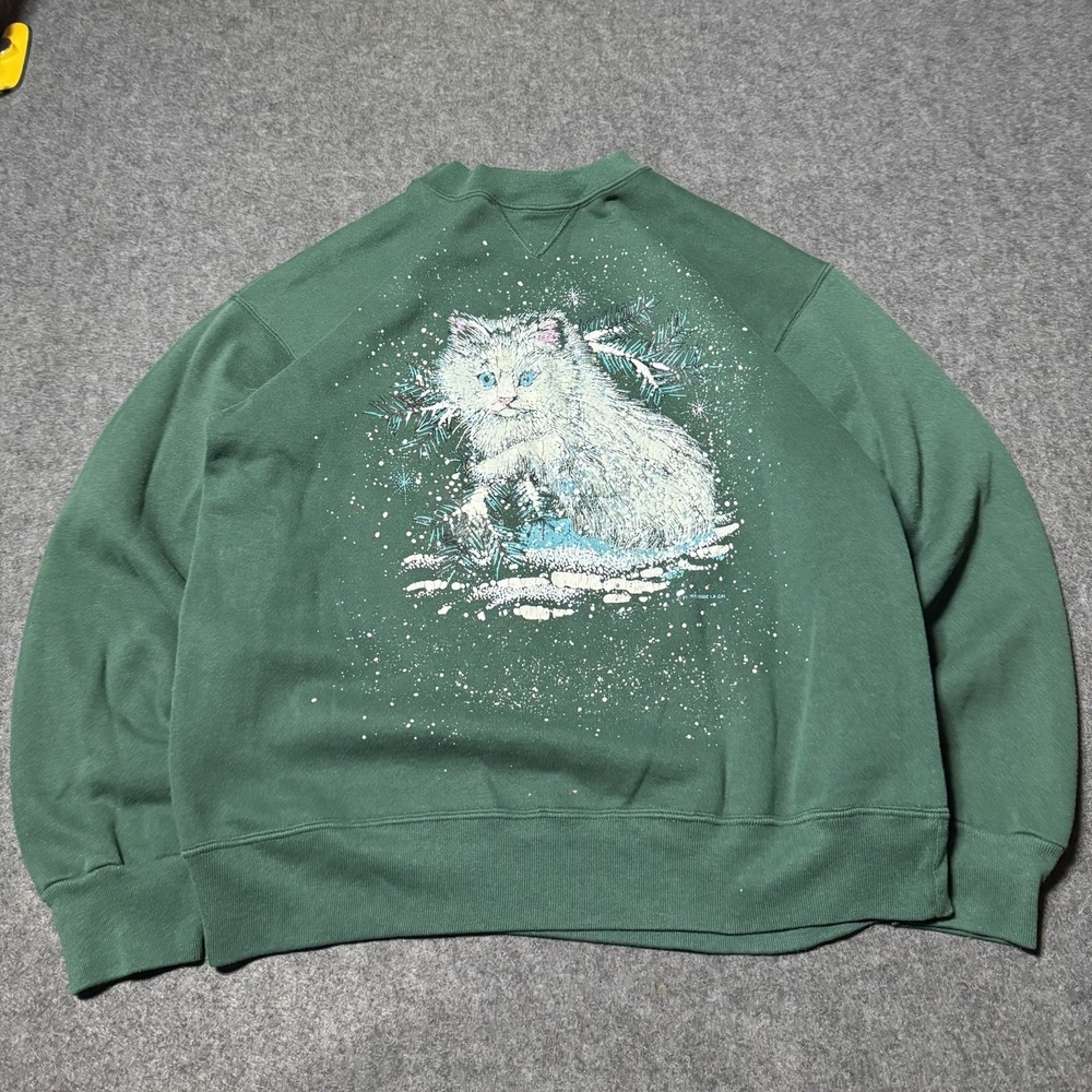 VTG 1991 Signal Sports Womens Cat Puff Print‎ Crewneck Size L Indie Grandma Core